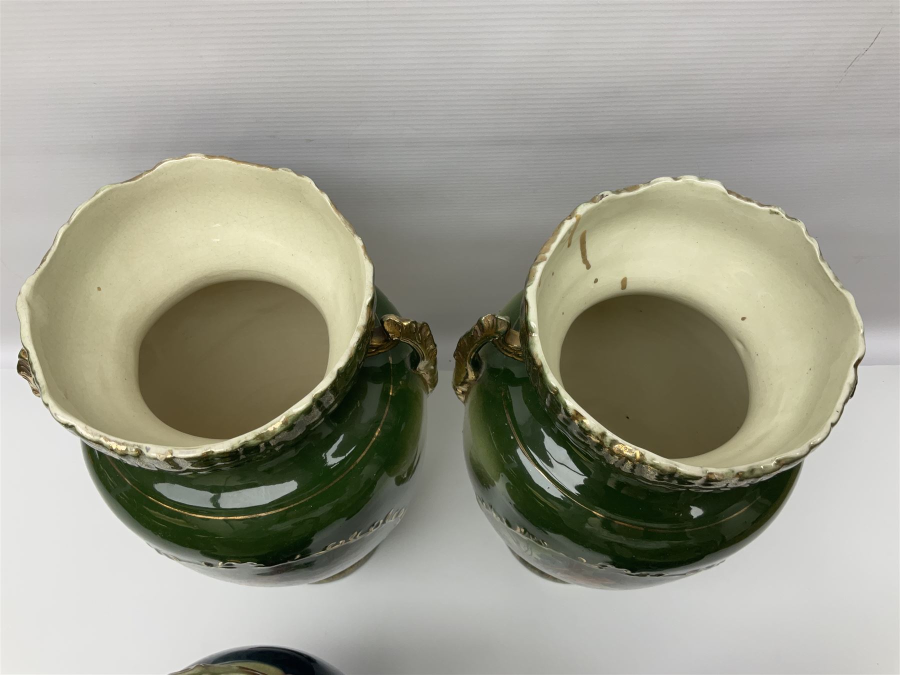 Set of four Chinese cloisonne enamel napkin rings, together with a pair of Strasburg Ware vases, a pair of similar larger continental vases and four Royal commemorative mugs