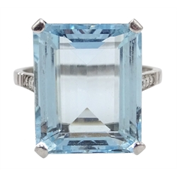  Platinum emerald cut aquamarine ring with diamond set shoulders, hallmarked   