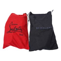 Christian Louboutin and Burberry - two pairs of designer shoes, comprising black leather Christian Louboutin low-top sneakers with black spike-studded toe caps and signature red soles, size 40, with dust bag, together with Burberry check canvas and red transparent strap sandals, size 39, with box and dust bag (2)