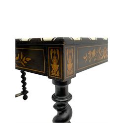 19th century Dutch marquetry centre table, rectangular top with bone inlaid edge profusely inlaid with satinwood, fruitwood and amboyna, central urn flanked by fruit cornucopias, trailing foliate and flower head motifs, fitted with single frieze drawer, the frieze rails with matched inlays, spiral turned ebonised supports joined by H-shaped stretchers with bone inlay, on turned bun feet