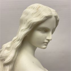 19th century Copeland Parian Ware figure, after R Monti, modelled as Lady Godiva, upon a circular titled plinth, signed and dated verso R Monti 1870, impressed to base Copyright Reserved Copeland, overall H22cm