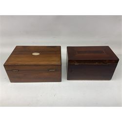 Mahogany tea caddy with inlay decoration and bone escutcheon, the hinged lid lifting to reveal lidded compartmented interior, together with an oak box with mother of pearl inlay, largest L25cm H11cm D17cm
