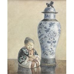 RTV - E Prynne (20th century): Chinese Vase and Figure, oil on board signed 29cm x 24cm