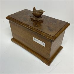 Wrenman - oak box of rectangular form, the burr lift off lid with carved wren signature upon oak leaf, by Bob Hunter of Thirlby