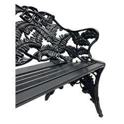 Coalbrookdale - black painted cast iron 'fern' pattern garden bench, decorated with trailing fern leaves, mahogany slatted seat