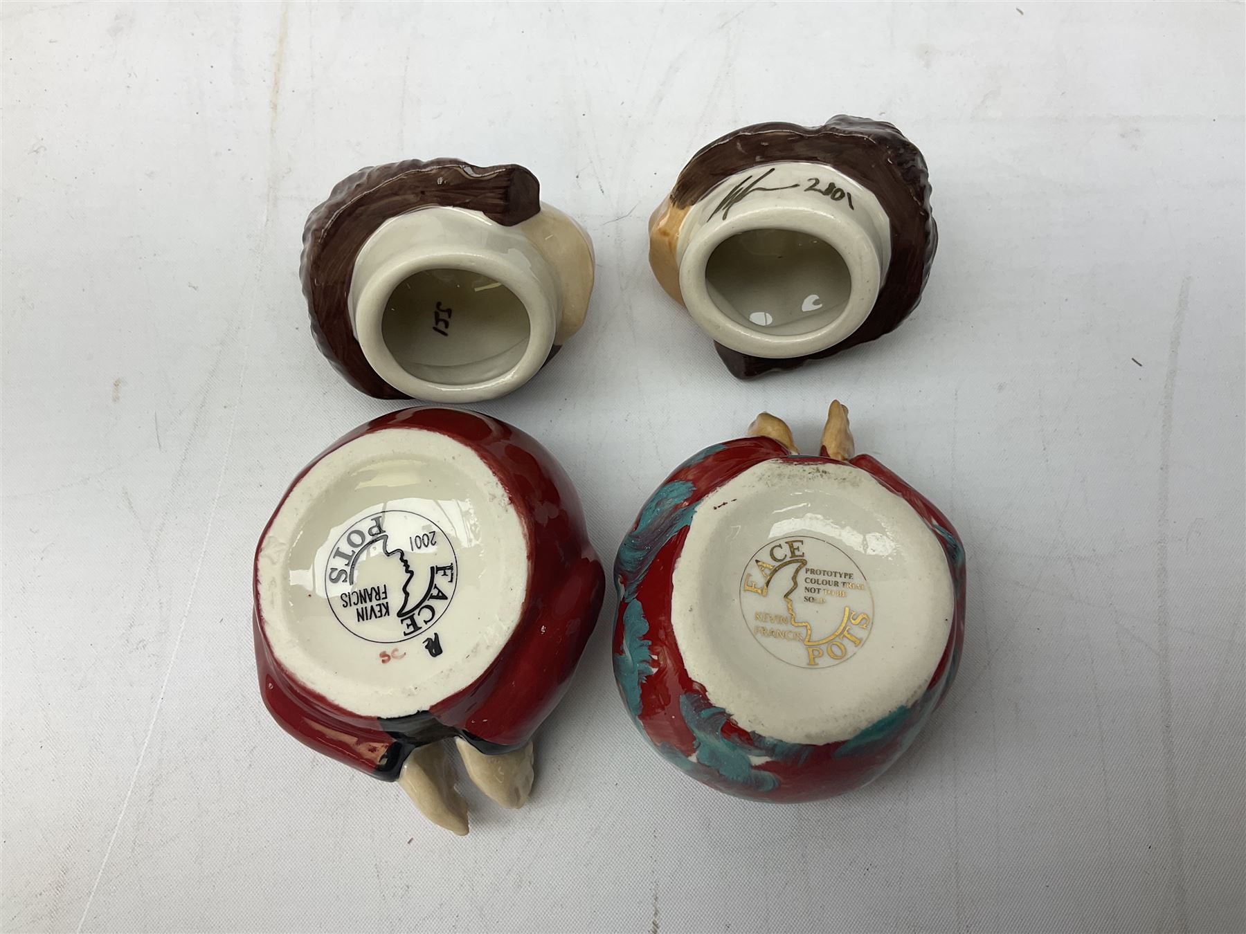 Fifteen Face Pots by Kevin Frances, all of music interest, to include the Beatles; Paul 'Kookoocachu', 'Love Is All You Need', 'Octopus's garden', 'While My Guitar Gently Weeps', 'All You Need Is Love' and 'Everybody's talking and no one says a word', Elton John; I'm still standing, Buddy Holly; 'That will be the day', David Bowie 'We can be heroes' , Mick Jagger prototype colour type etc, all boxed  