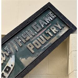 Reverse painted glass shop advertising sign, late 19th century, reading 'George Ellis Dewsbury Ltd Fish, Poultry and game.' L407cm H51cm.  - COLLECTION BY APPOINTMENT FROM: The White House, Thirsk Road, Easingwold, York, YO61 3NF - CALL 01723 507111 TO ARRANGE