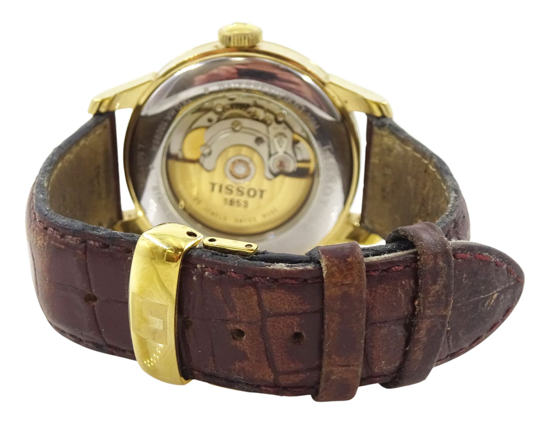 Tissot le Locle gentleman's stainless steel and gold-plated automatic wristwatch, Ref. L164/264, white dial with Arabic hour markers and date aperture, on original brown leather strap, with fold-over clasp