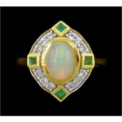 Silver-gilt opal, emerald and white zircon cluster ring, stamped 925
