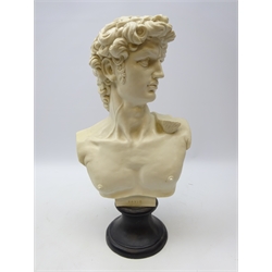  Composite bust of David after Michelangelo on ebonised socle plinth, H53cm   