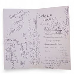 Wings at the Speed of Sound, signed vinyl, Christmas card and birthday card, the vinyl with multiple signatures, including Paul McCartney, Linda McCartney, Denny Laine, Trevor Jones and Laurence Juber, the Birthday card depicting motorbike with a note to the front written in pen reading  'Bruce McKenna 18th July 1978 16yrs', signed to the interior with personal messages including 'All the breast Bruce, Paul McCartney', 'Happy Xmas (with cross through), Happy birthday Bruce Denny Laine', 'Merry Xmas Love Linda McCartney', 'Happy birthday, Laurence Juber', etc, the christmas card showing the five band members dressed as Santa Clause, with one unidentified signature inside

Notes: the vendors lived in Canada in the early 1980s and rented out their house on their return to England. The couple who rented the house had just sold a hotel in Vancouver in which Wings had stayed, and they left the record and cards behind.