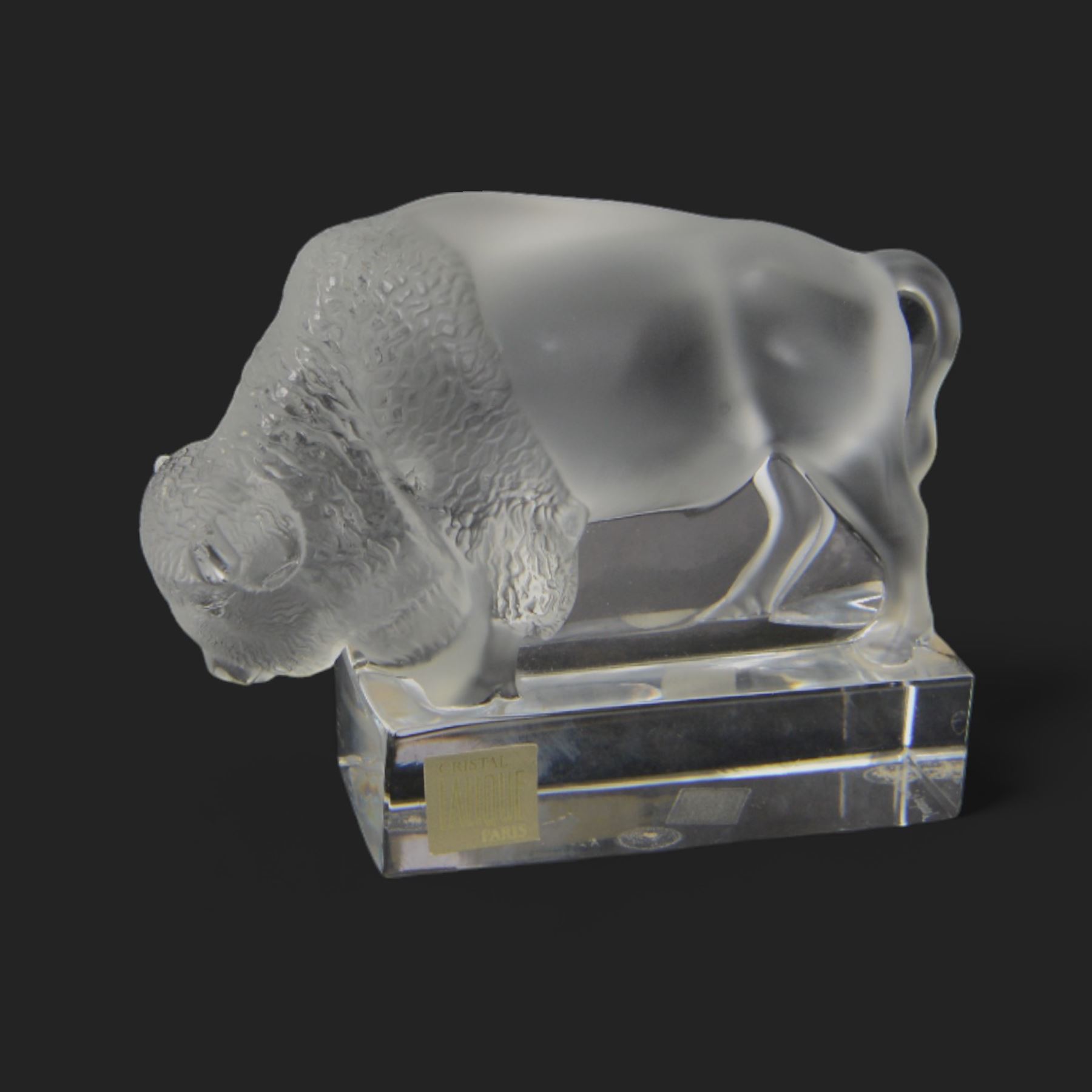 Lalique Buffalo frosted glass paperweight with clear base, signed to base, H10cm 