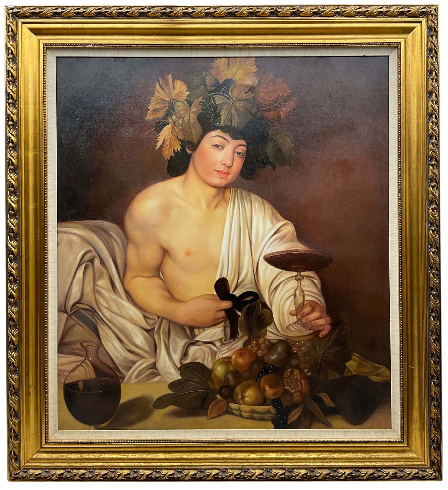 After Caravaggio (Italian 1571-1610): Bacchus, large oil on canvas unsigned 94cm x 83cm 