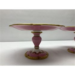 Victorian dessert service, comprising four comports and nine plates, each decorated with floral sprigs to the centre with a pink and gilt border, largest comport H13cm, plate D22.5cm