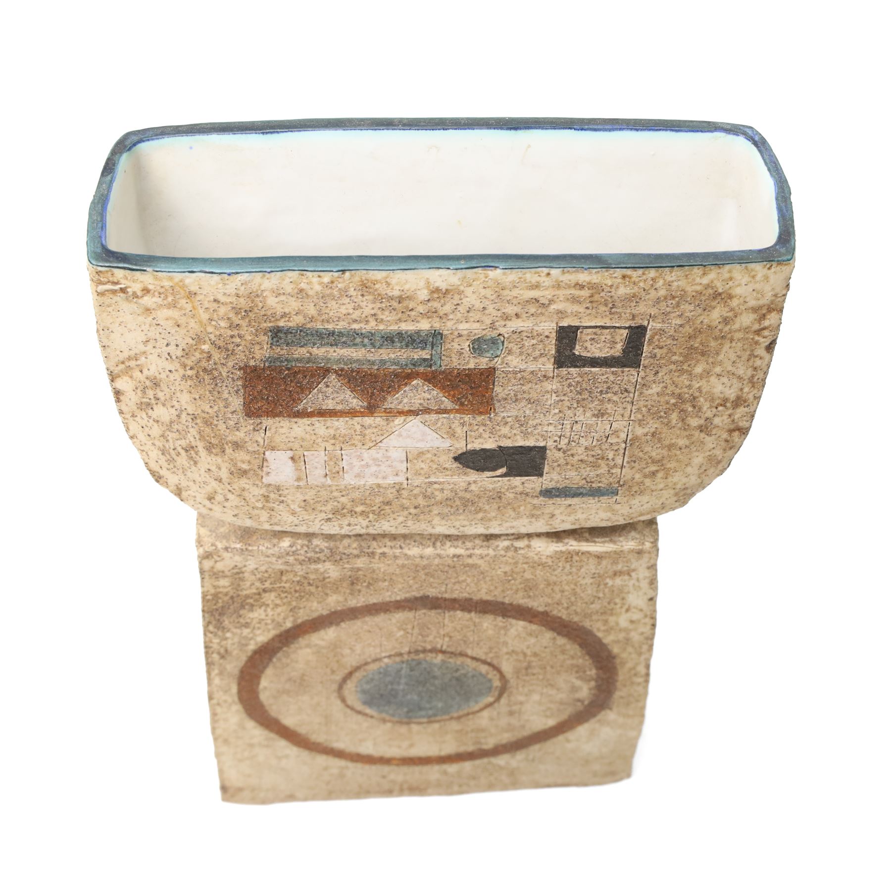 Sylvia Vallance for Troika - large c1970s Double Bass vase, of rectangular and rounded section, decorated to opposing faces with raised, impressed and incised geometric motifs in typical colours, painted 'Troika - St Ives' mark and artists monogram to base, H35.5cm