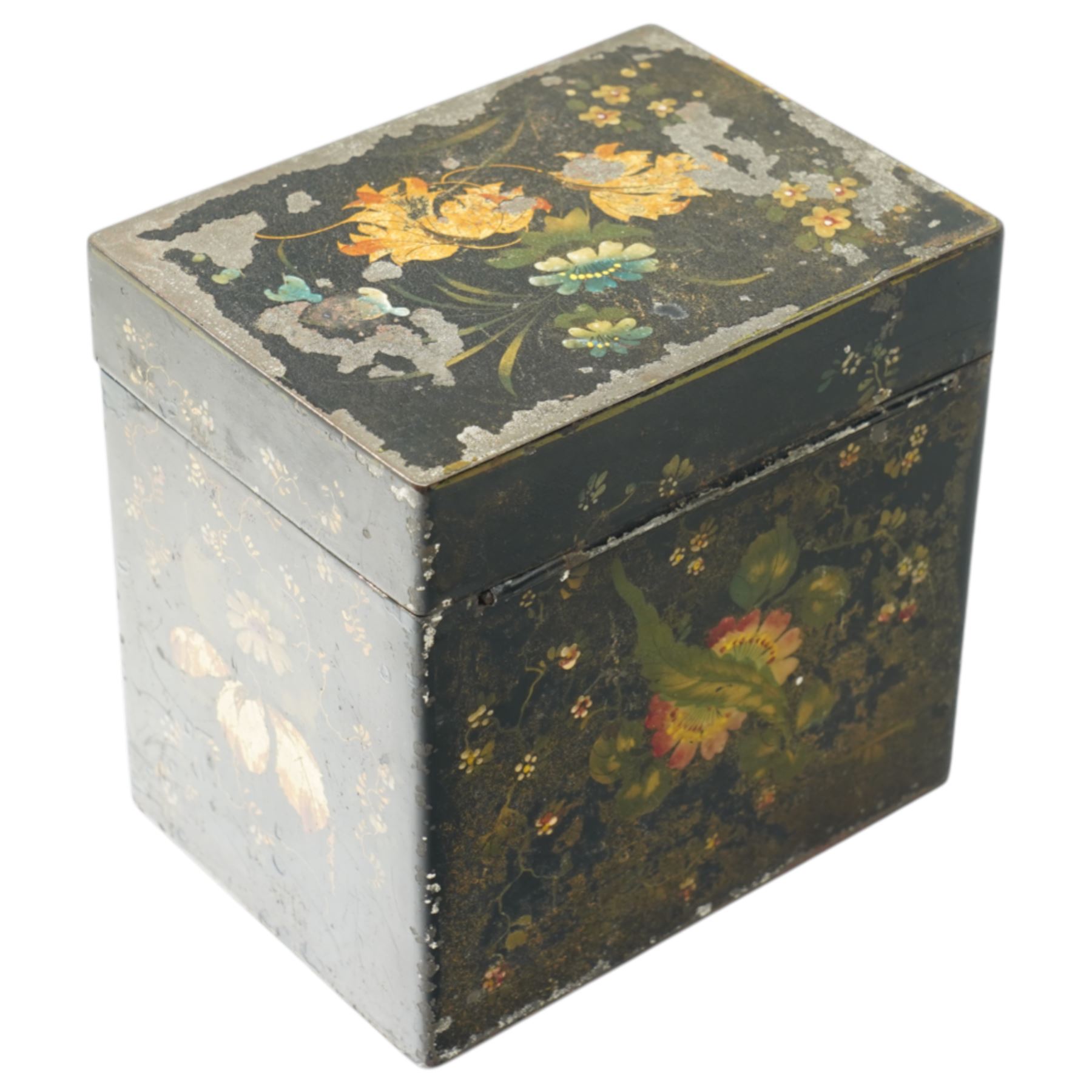 Late Regency period toleware tea caddy with painted floral decoration heightened with gilt, with two compartments, H12.5cm
