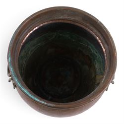 Twin handled copper jardiniere, together with brass tray with pierced boarder, jardiniere H29cm