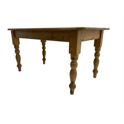 Traditional pitch pine farmhouse table, rectangular top raised on turned supports