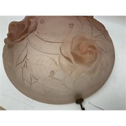 1930s pink frosted glass ceiling light shade, decorated with roses, D