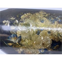 Victorian papier-mâché stationary box, of rounded wedge form with mother of pearl escutcheon, the hinged and curved cover and sides hand painted with floral sprays, opening to reveal a lined and fitted interior, H15cm L22cm D16cm