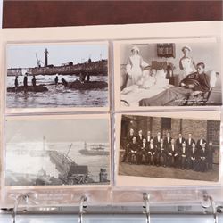 One-hundred and seventy two early 20th century Whitby view postcards, including a detailed collection documenting the destruction of Whitby following the bombardment by the German Fleet in 1914, a selection depicting the construction of the pier extensions, the opening of the new river drawbridge, a re-enactment of the medieval tradition of building the 'Penny Hedge' and the 1932 flooding of the town centre, together with a selection depicting social events at Spa, all housed within a Stanley Gibbons Picture Postcard Album