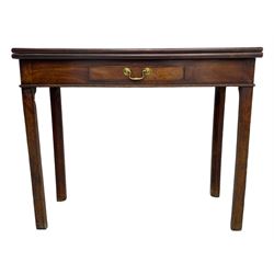 George III mahogany tea or side table, fold-over top over single gate-leg action base, fitted with single cock-beaded drawer, raised on square supports with inner chamfer