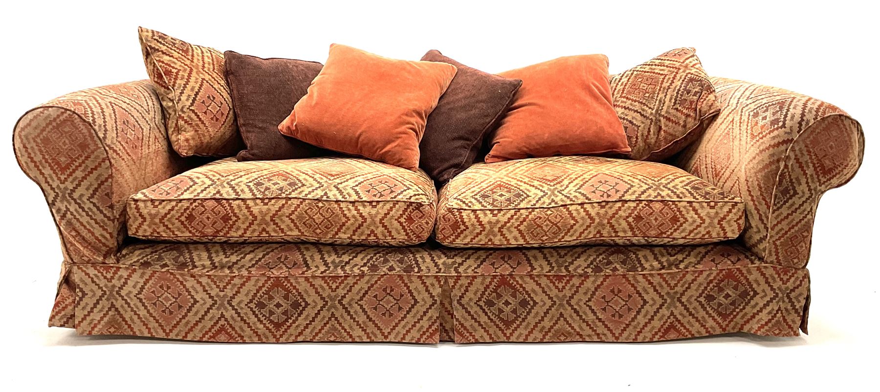 Tetrad kilim grand sofa, together with feather filled scatter cushions, pad supports The