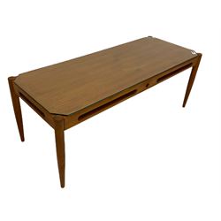 Pleasing Furniture by Pye-Franklin - Mid-20th century rectangular teak coffee table with glass top (W99cm, D38cm, H37cm), a 1970s teak single chair with upholstered seat in striped fabric, and a 1970s teak circular coffee table with inset glass top 