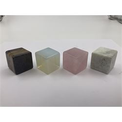 Ten cube mineral specimens, each cut and polished to highlight natural formations, including tiger eye, green aventurine, rose quartz, opalite, amethyst etc, H3cm 