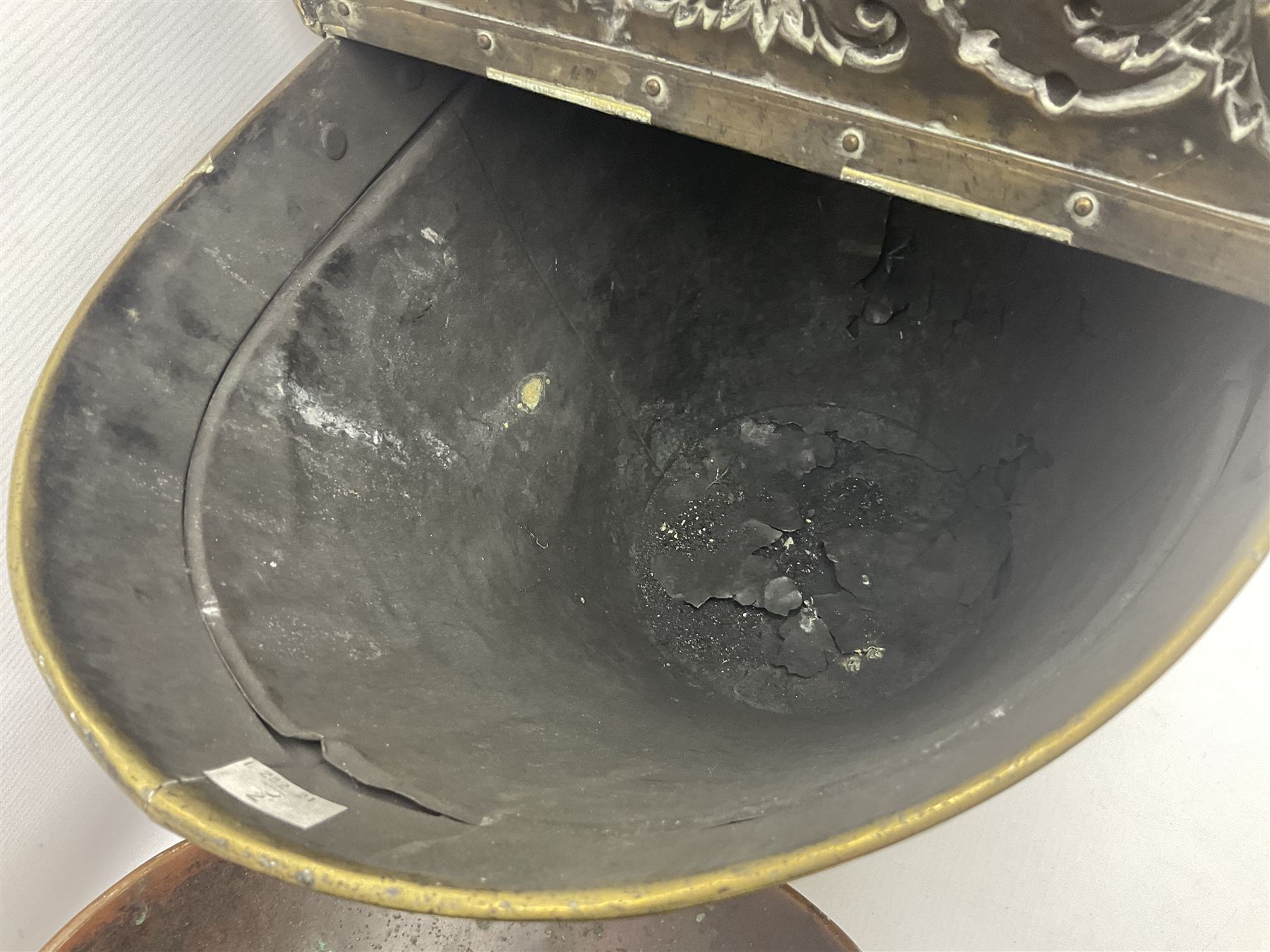 Victorian Benham & Froud Arts and Crafts brass coal scuttle, with Victorian diamond registration mark, together with a copper and brass scuttle of helmet form, tallest H50cm