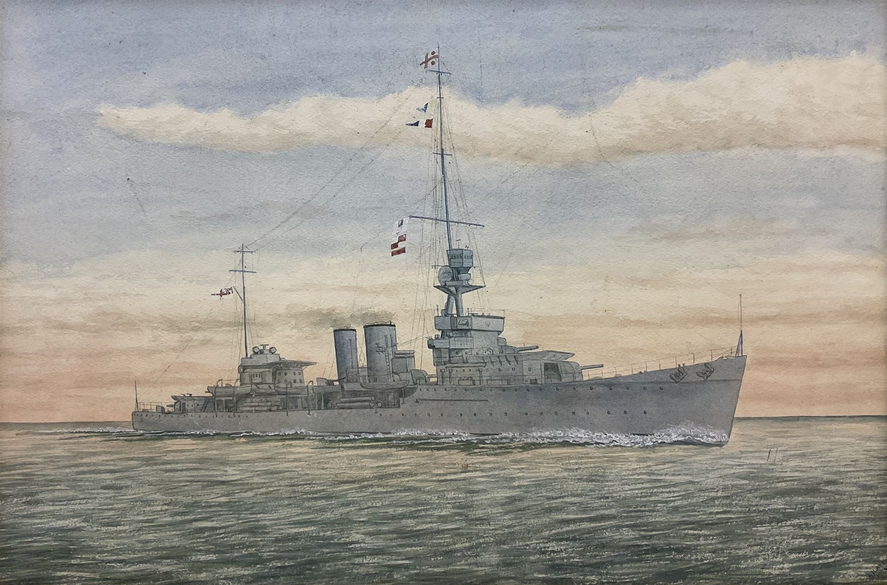 LJ Lake (British Early 20th century): 'HMS Delhi Cruiser', watercolour signed and dated 1924, labelled verso 35cm x 53cm