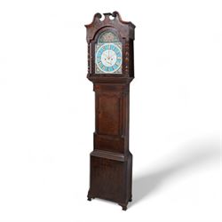 Joseph Scott of Leeds - 8-day oak and mahogany longcase clock c1865, with a swan necked pediment and wooden parterre, break arch hood door flanked by spindle turned pilasters, trunk with reeded quartered columns and a short door with a double spire top, on a deep plinth with crossbanding and raised on bracket feet, painted dial with gold 