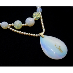  Early-mid 20th century moonstone, pearl and glass bead necklace, with gold opal pendant   