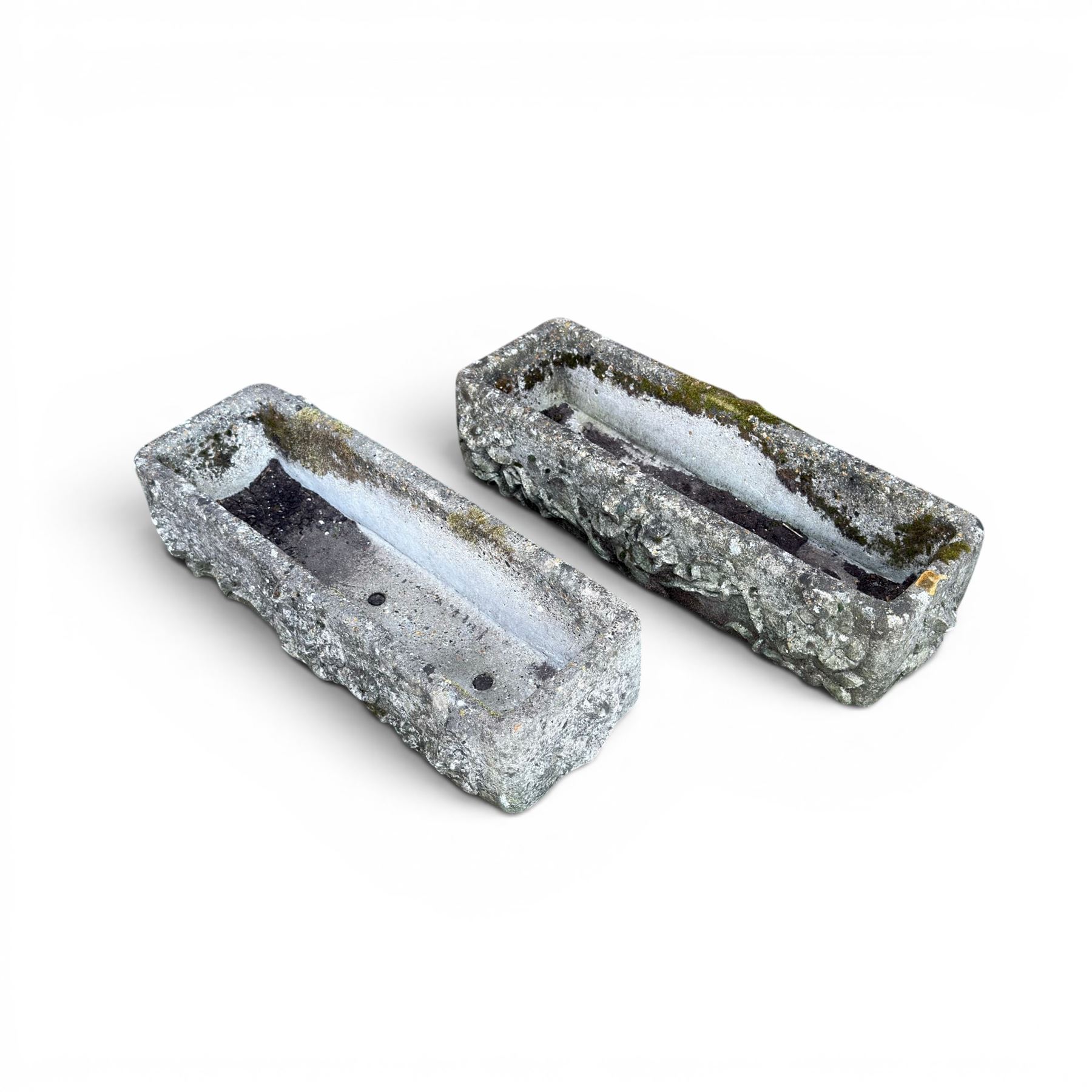 Pair of rectangular weathered cast stone planters, ornate moulded detail