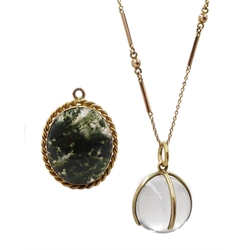  Gold mounted moss agate pendant and gold mounted crystal ball pendant on gold chain stamped 9ct  