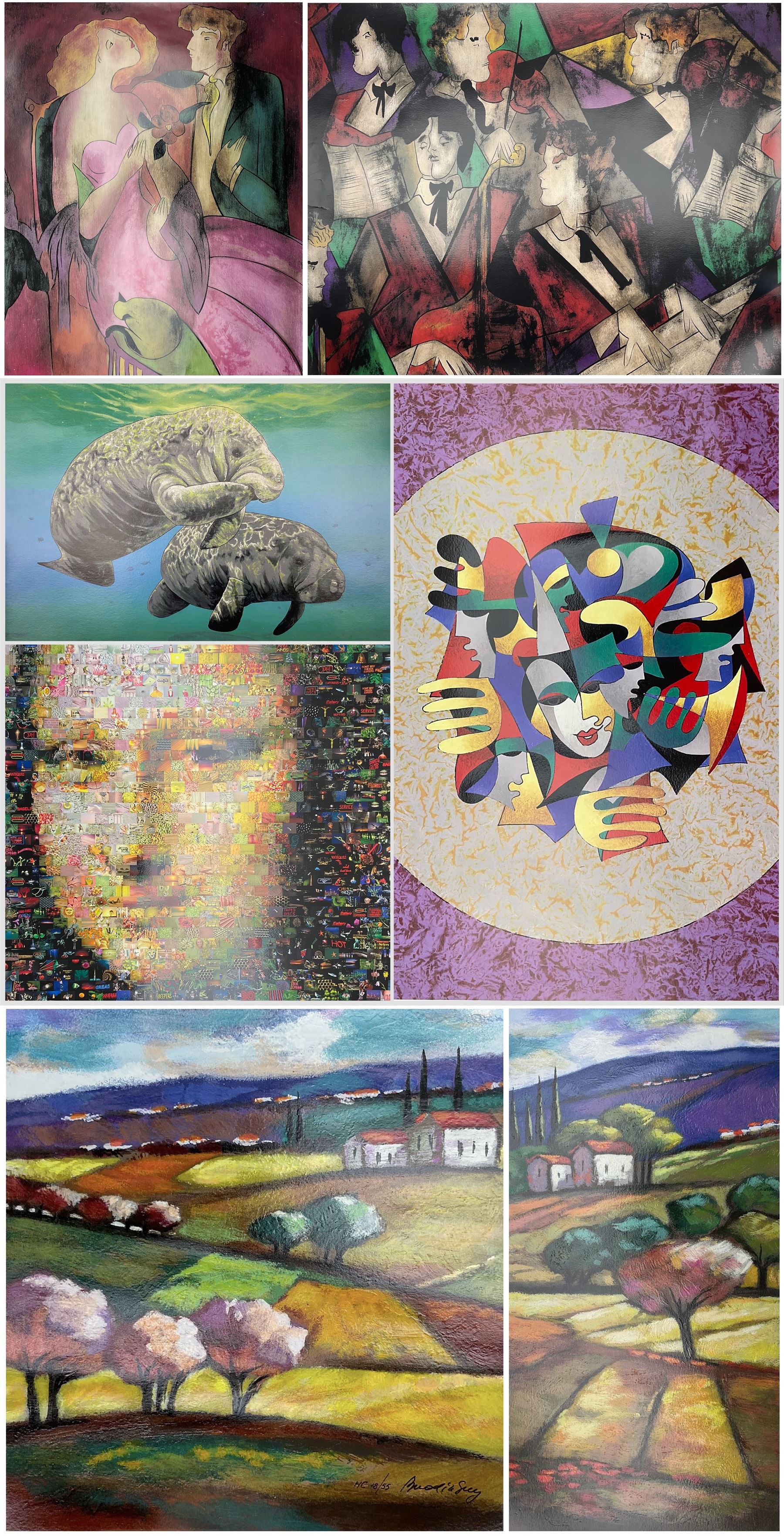 Linda Le Kinff (French 1949-): 'Robe du Soir' and The Orchestra, two lithographs max 69cm x 86cm; Anatole Krasnyansky (Ukrainian 1930-): 'Musical Sphere', Nicole Suzanne Stahl (Continental Contemporary): 'Gentle Voyagers'; Neil J Farkas (American 20th Century): 'Mona Lisa', three lithographs max 69cm x 72cm; Slava Brodinsky (Russian 1955-): Fields of Colour, pair limited edition serigraphs signed and numbered 238/495 and 18/55 max 58cm x 33cm (7) (unframed)