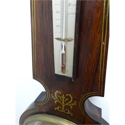  19th century rosewood mercury four dial barometer, swan neck pediment with cast gilt metal pineapple finial, hydrometer above thermometer, 12'' engraved and silvered dial, signed 'F. Amadio & Sons, no.118... St. John Strt Road, London', double brass stringing and leafy inlays, H121cm  