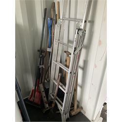 Selection of garden tools, aluminium ladders, shovels etc.