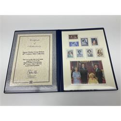 Three Queen Elizabeth II loose five pound coins, another in card folder,  1995 two pounds, 'Queen Mother Great Britain 20th Century Mint Collection' of commemorative stamps in Westminster folder etc