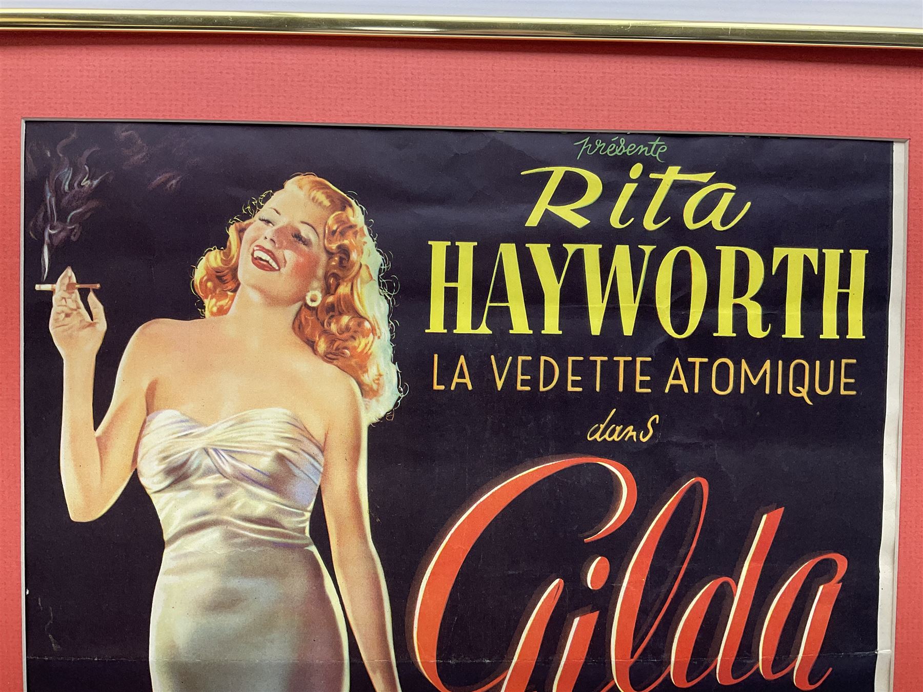 Columbia Films 'Gilda' film poster, starring Rita Hayworth and Glenn Ford, framed, poster 47cm x 35cm