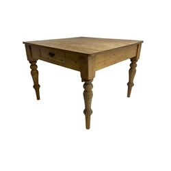 Early 20th century rustic pine kitchen table, square top with rounded corners fitted with single drawer, on turned supports 