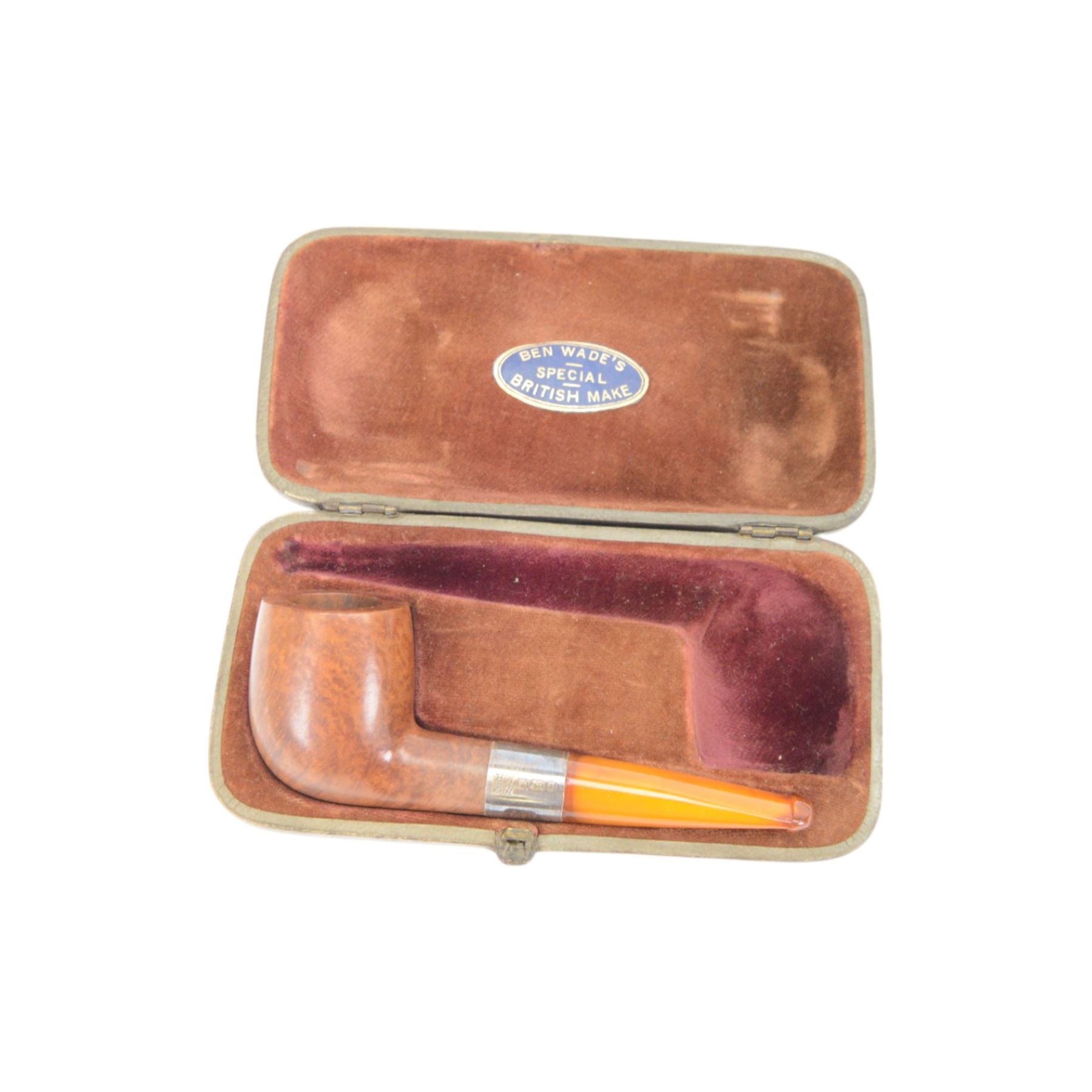 Amber gold mounted cheroot holder, 12.5 ct hallmarked, cased, together with another gold mounted example and various others, and silver mounted pipe 