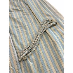 Heavy quality blue and yellow striped thermal lined curtains with complimentary tie backs, four curtains in total, (One at W265cm and three at W200cm, Drop - 210cm)