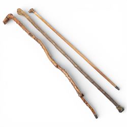 Walking stick with dogs head pommel with moveable mouth and two Irish sticks (3)