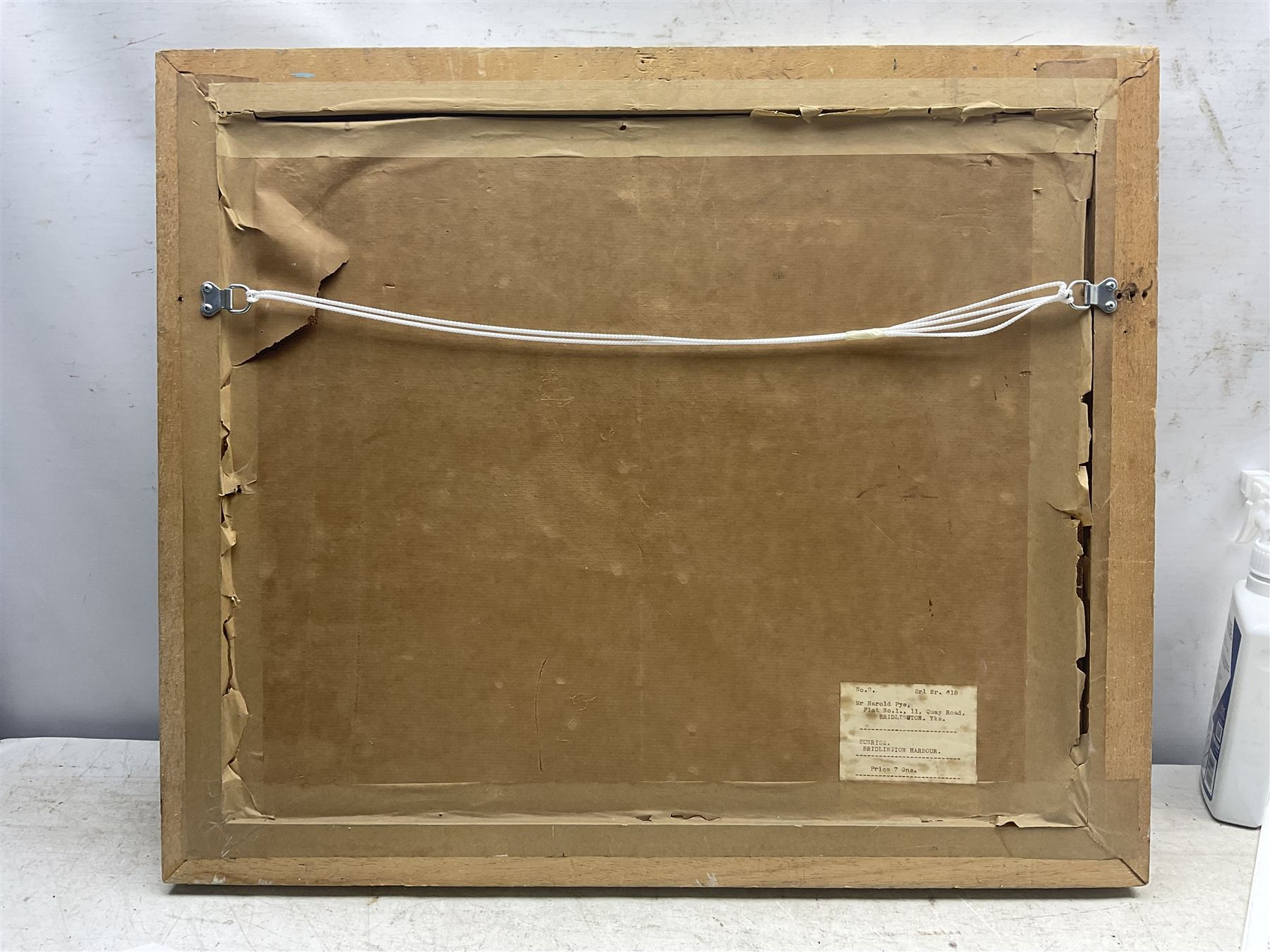 Harold Pye (Fylingdales Group mid 20th century): 'Sunrise - Bridlington Harbour', oil on board signed, titled on label verso 44cm x 54cm 