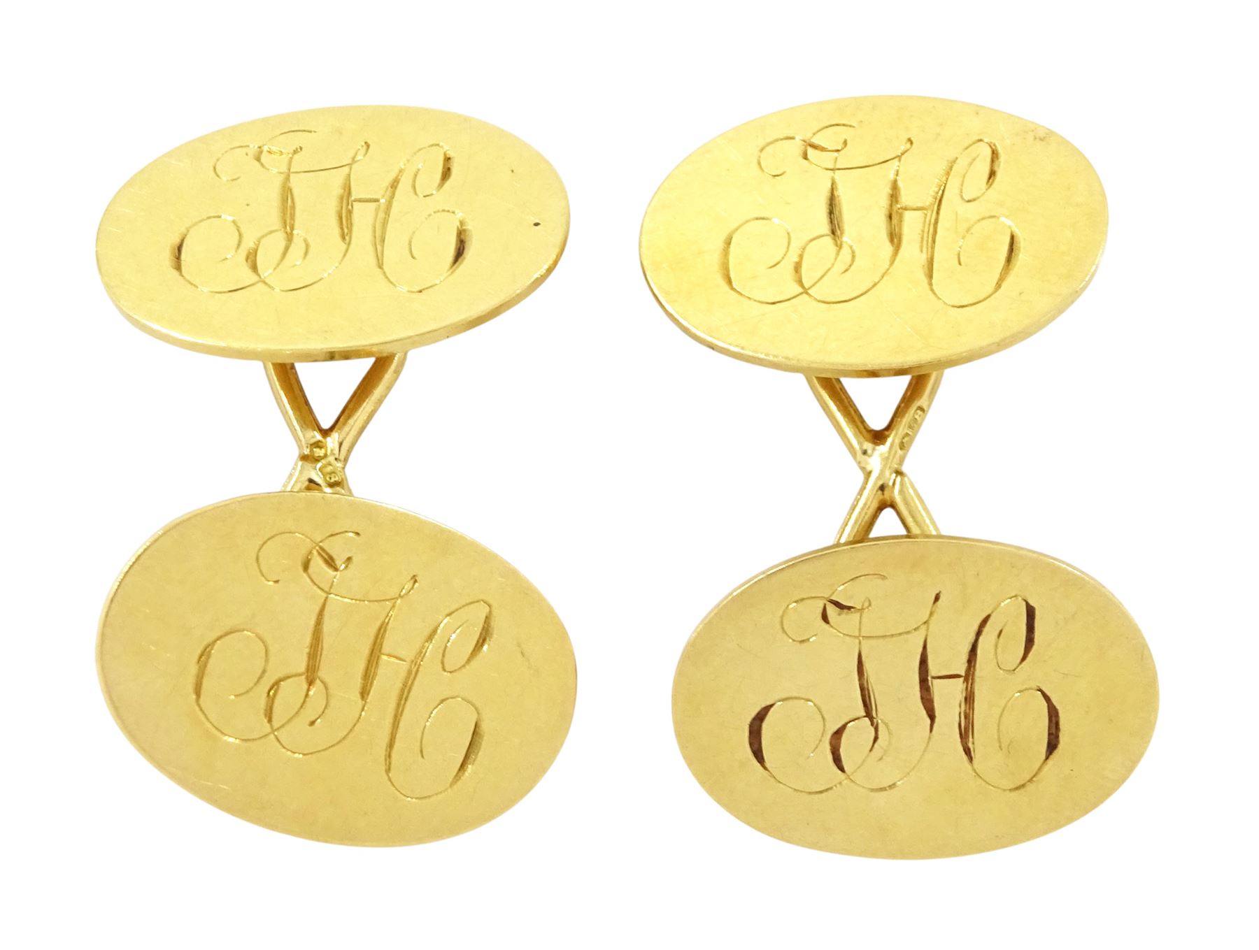 Pair of Edwardian 18ct gold cufflinks, monogrammed with initials JH by 	G H Johnstone & Co, Birmingham 1905