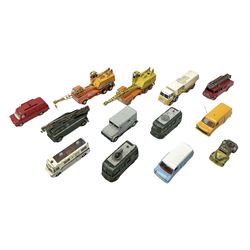 Dinky - thirteen unboxed and playworn die-cast commercial vehicles including two Supertoys 20-Ton Lorry-Mounted Cranes; Leyland Octopus Tanker; Fire Engine No.955; Extending Mast Vehicle No.969; two TV Roving Eye Vans No.968; three Ford Transit Vans; Brinks Armoured Car No.275; etc