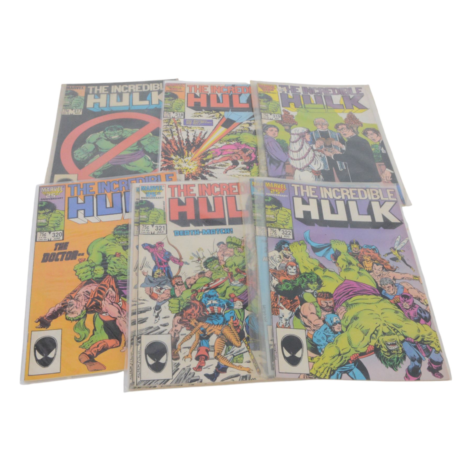 Fifty Marvel 'The Incredible Hulk' comic books, spanning years 1969- 1986, comprising #114, #121, #123, #124, #125, #127, #134, #135, #136, #138, #164, #165, #166, #167, #168, #172, #178, #191, #197, #198, #199, #200, #252, #258, #261, #262, #266, #269, #270, #272, #276, #277, #278, #279, #280, #281, #282, #283, #314, #315, #316, #317, #318, #319, #320, ##321#322, #323, all bagged, some card backed