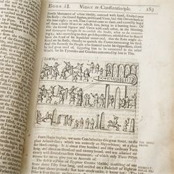 Wheler, George - 'A Journey into Greece' in company of Dr Spon of Lyons, printed for William Cademan et al, first edition 1682 ex libris Johannes Clarke in vellum covered boards, a double sided vellum page of music and a single sided vellum page, both in Latin and framed (3)
