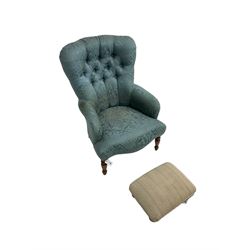 Victorian style bedroom chair in buttoned upholstry and a rectangular upholstered footstool